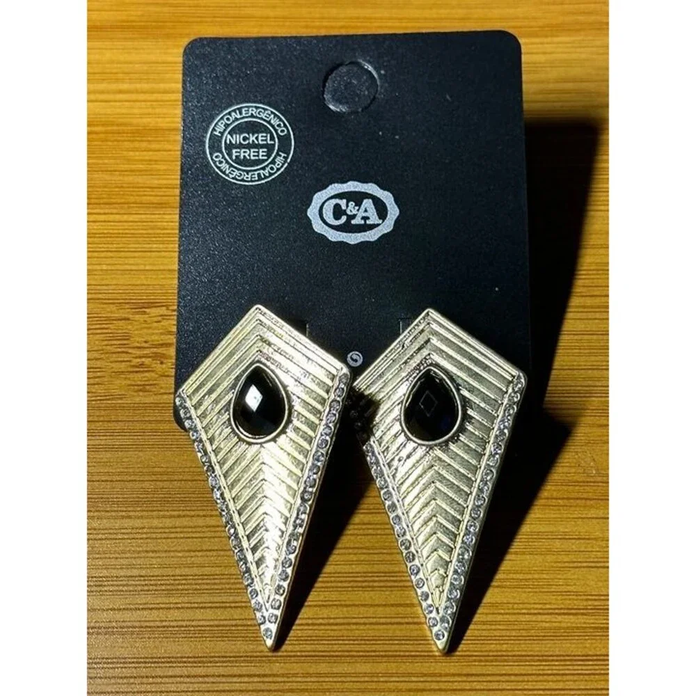 C&A Gold Tone Geometric Kite Dagger Drop Earrings Black Stone Rhinestone New